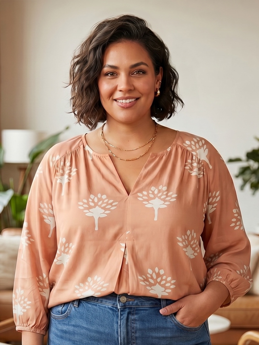 Dolan Anthropologie Plus Peach Floral Bloom Print V-Neck 3/4 Sleeve Blouse NWT